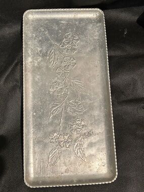 Vintage Embossed Floral Metal Tray in Silver